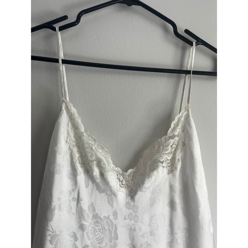 Linda Bis White Satin Floral Rose Jacquard Lace Trim Maxi Nightgown Slip Dress - Picture 3 of 8